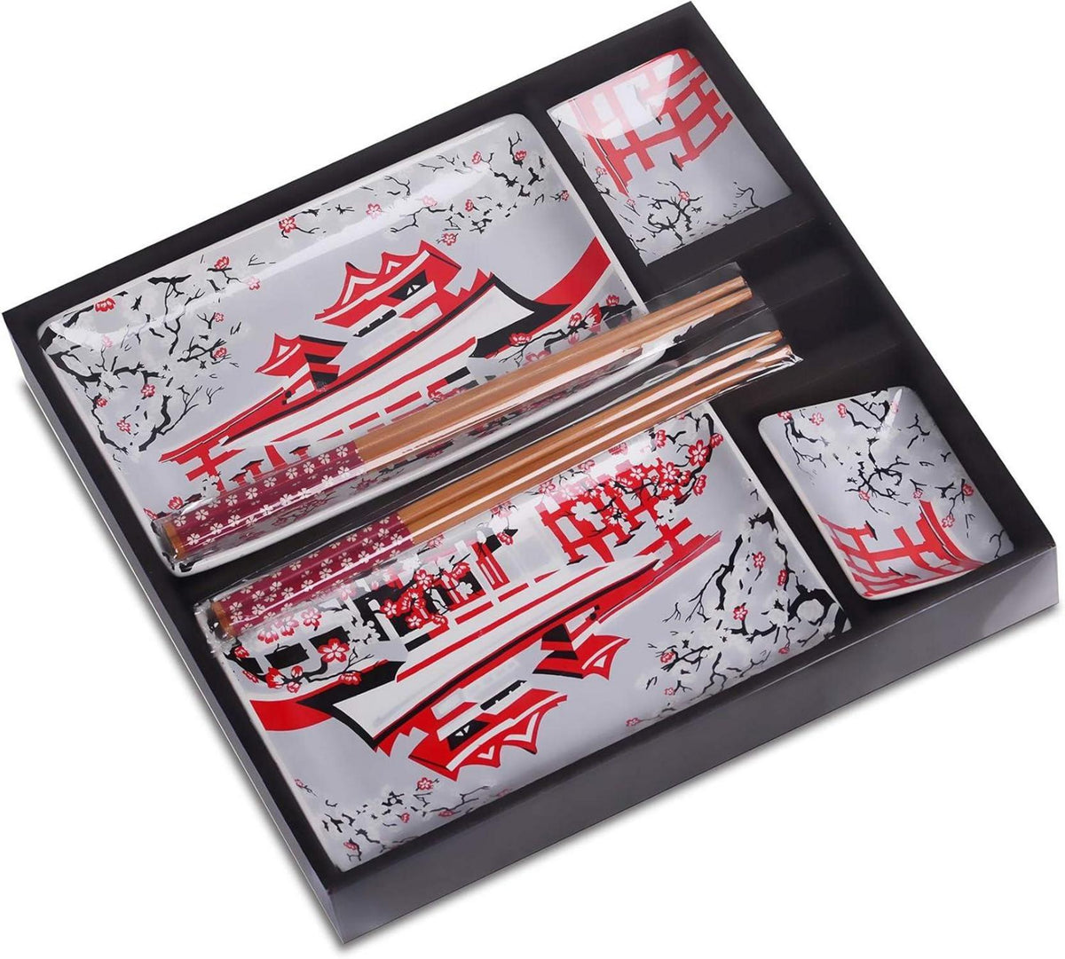 Japanisches Sushi Set Porzellan 8-teilig 2 Teller 2 Schälchen 2 Paar Essstäbchen