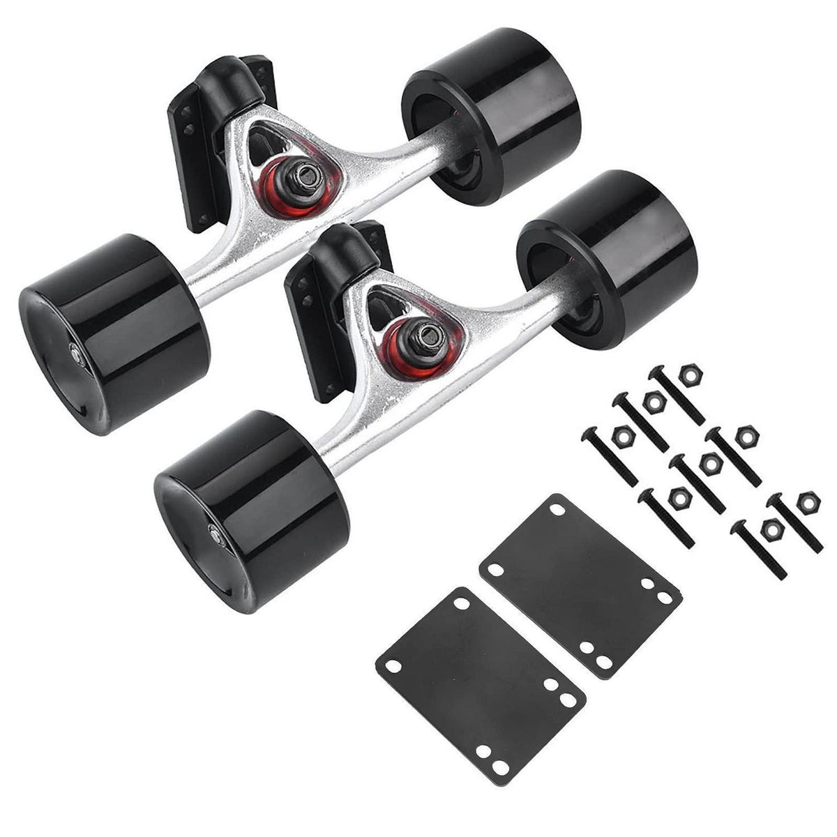 Skateboard Truck Set mit Rollen, Risern & Lagern – Silber/Schwarz