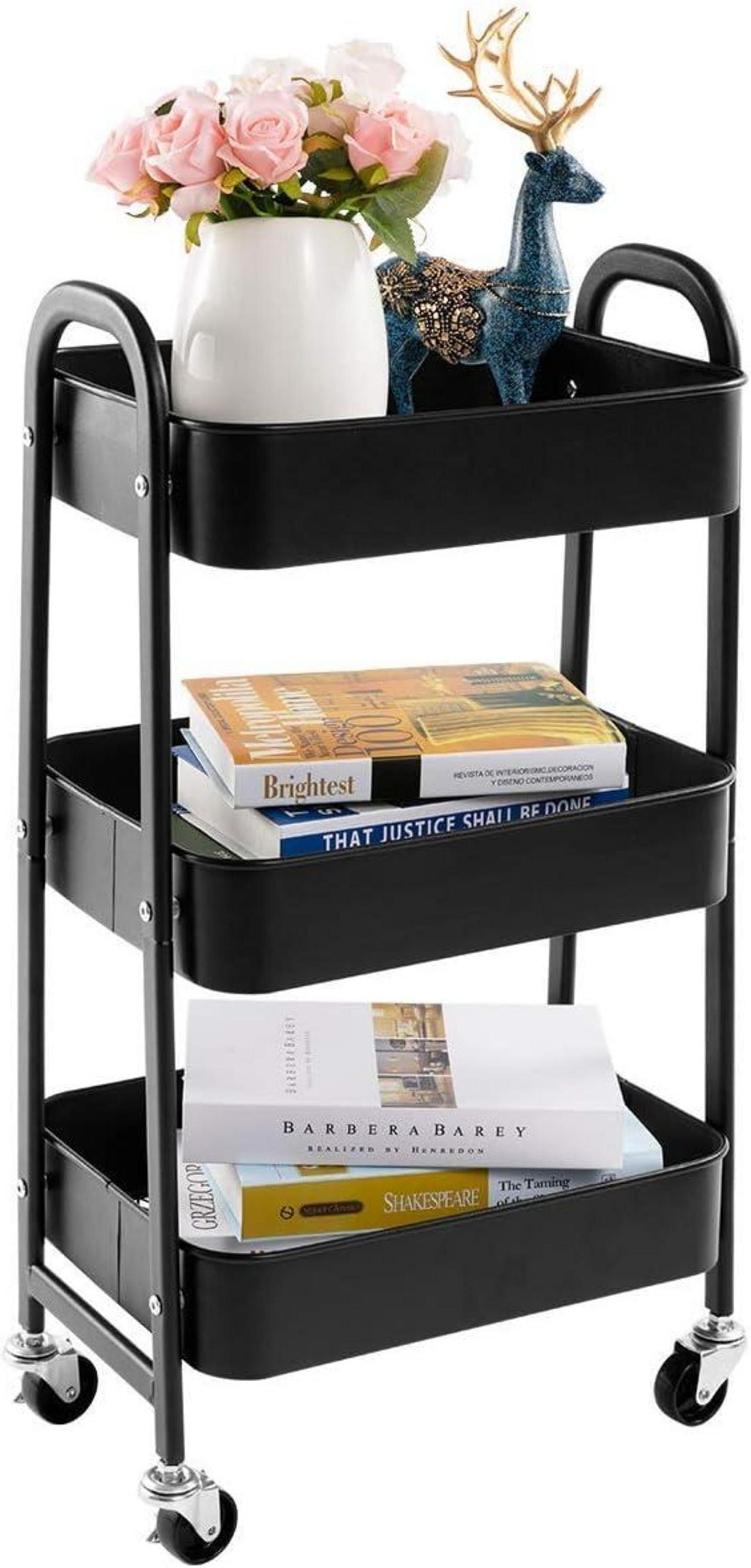 Rollwagen Metall Aufbewahrungswagen 3 Etagen Servierwagen Organizer Schwarz