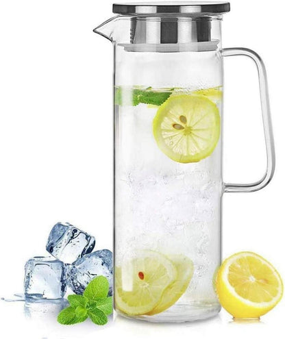Glaskaraffe Borosilikatglas Edelstahl Deckel 1L Heißes Kaltes Wasser Saft