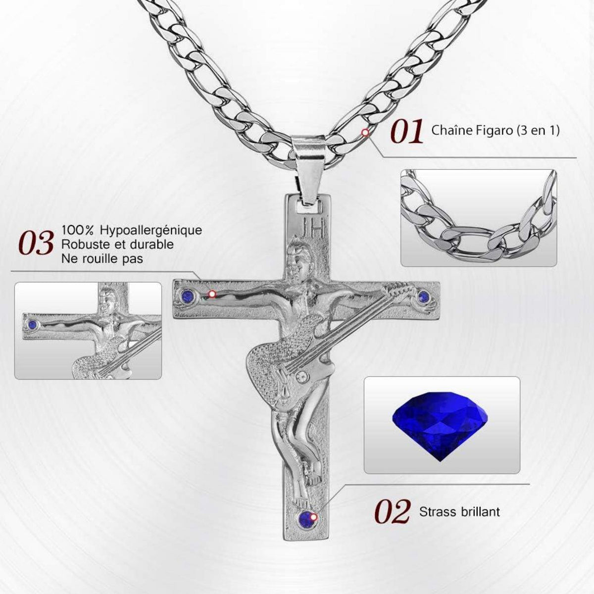 Kreuz Johnny Hallyday Anhänger Halskette Silber Rocker