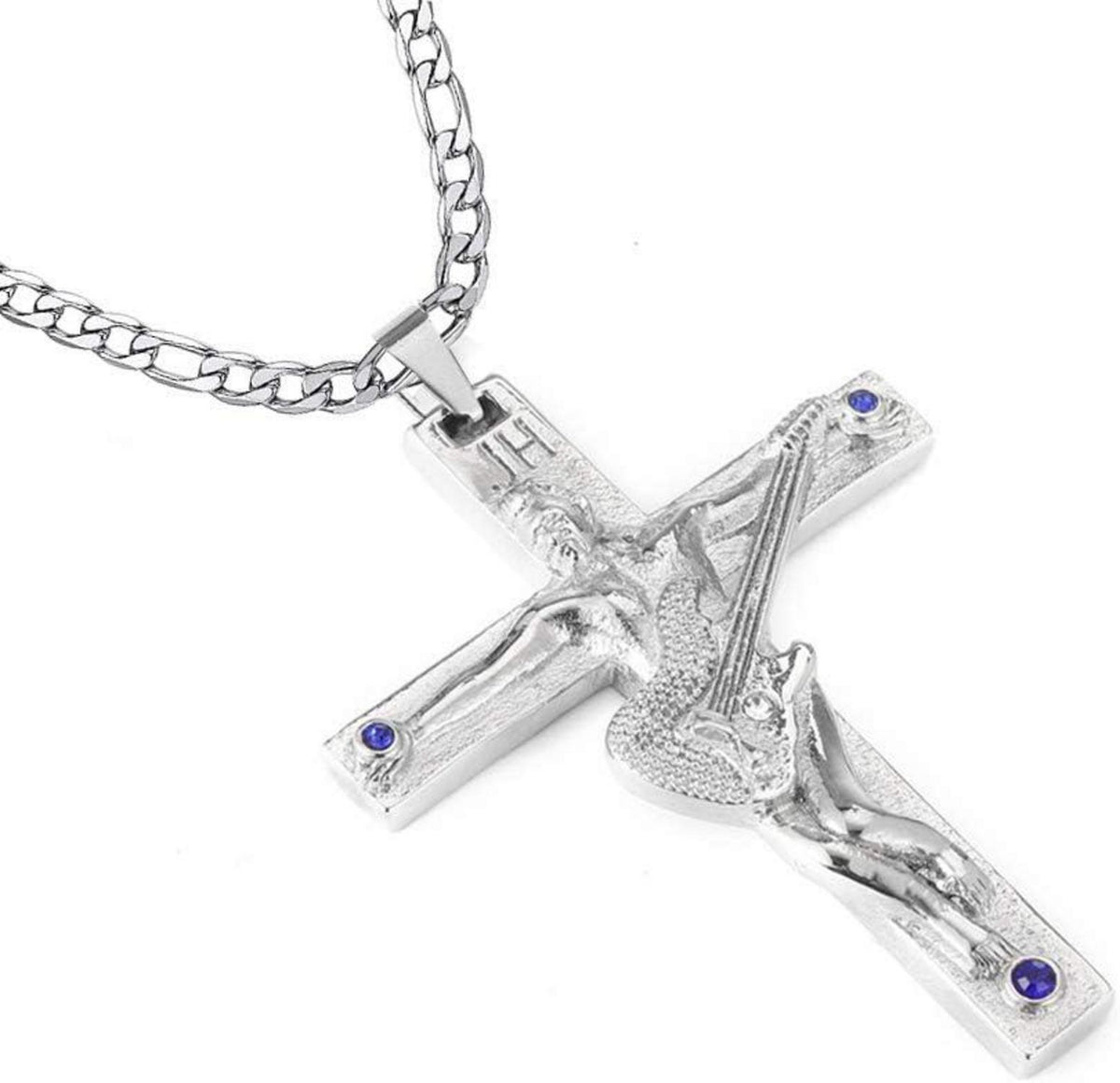 Johnny Hallyday Kreuz Anhänger Halskette Gitarre Rocker Silber 60cm