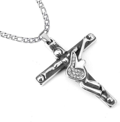Johnny Hallyday Kreuz Anhänger Halskette Gitarre Rocker Silber 60cm