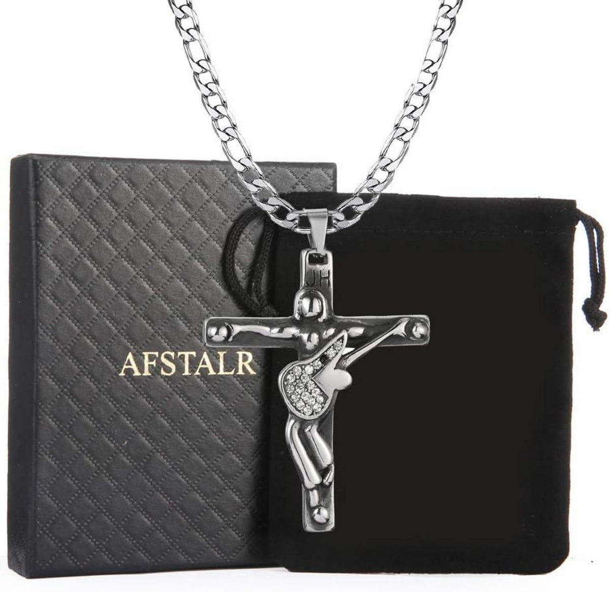 Kreuz Johnny Hallyday Anhänger Halskette Gitarre Rocker Silber Damen