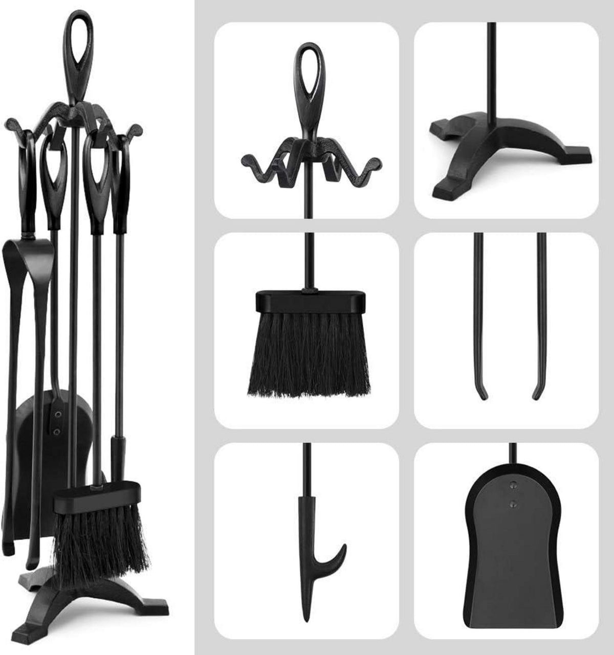 Kaminbesteck Set 5-tlg. Schmiedeeisen Kaminzubehör Holzhalter Schwarz