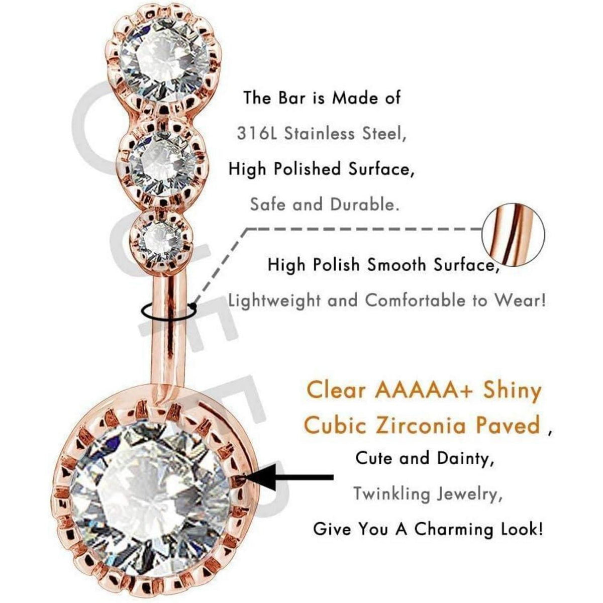 Nabelpiercing Edelstahl mit Zirkonia, Rose Gold, 14g