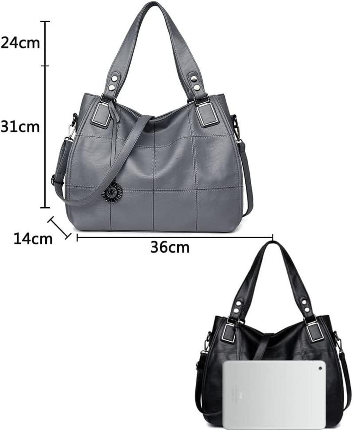 Damen Schultertasche Hobo Shopper PU-Leder Stickerei Grau EINWEG