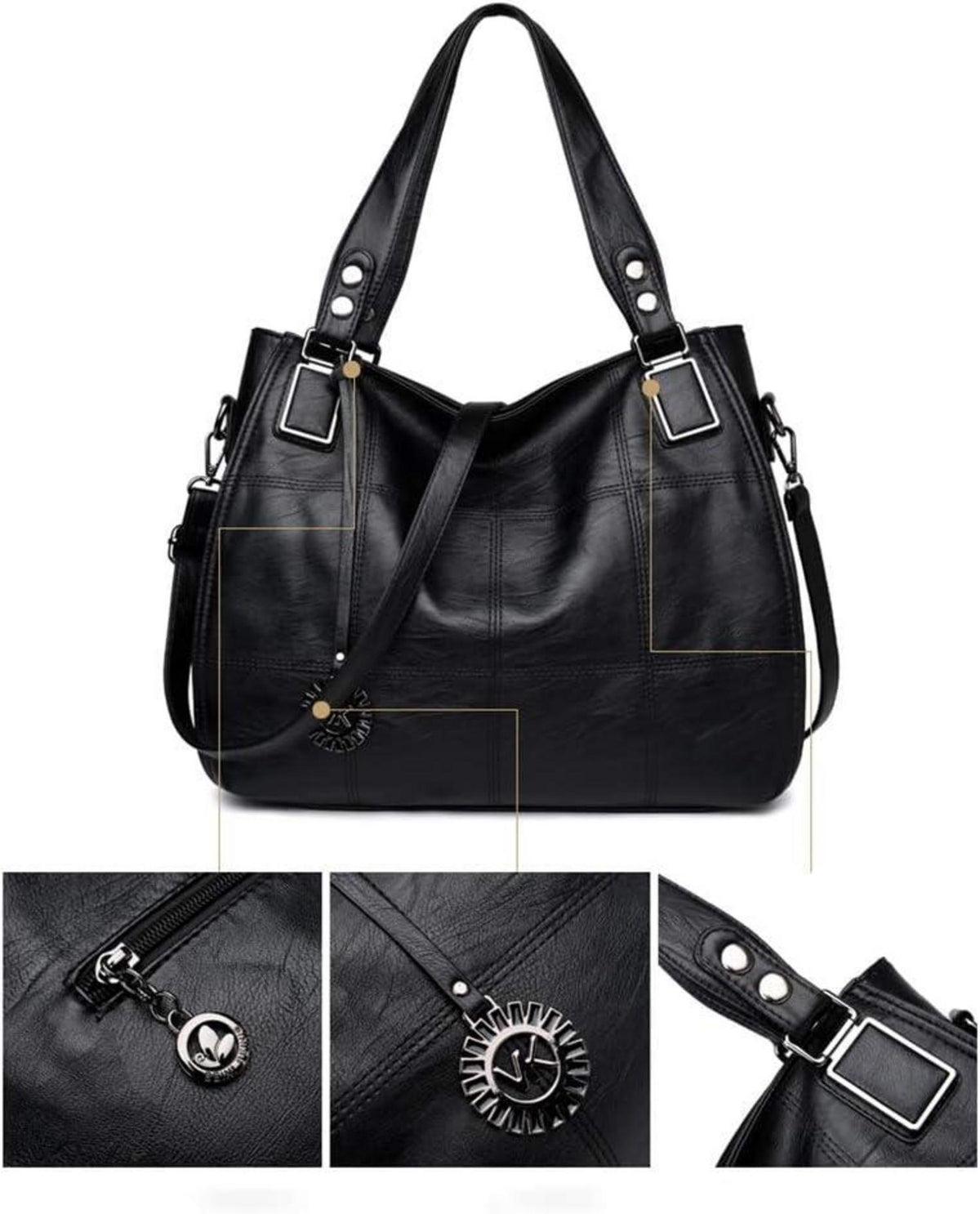 Damen Hobo Schultertasche Shopper PU-Leder Umhängetasche Stickerei Grau EINWEG