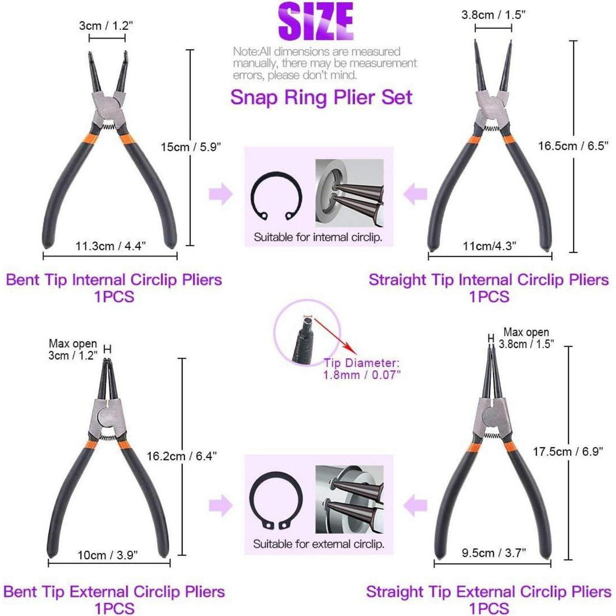 Sprengringzangen und Picks Set 8-teilig mit Haken und Zangen