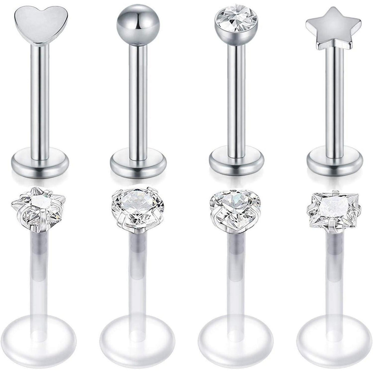 6er Set Labret Piercing 16G Acryl & Chirurgenstahl, klar/silber