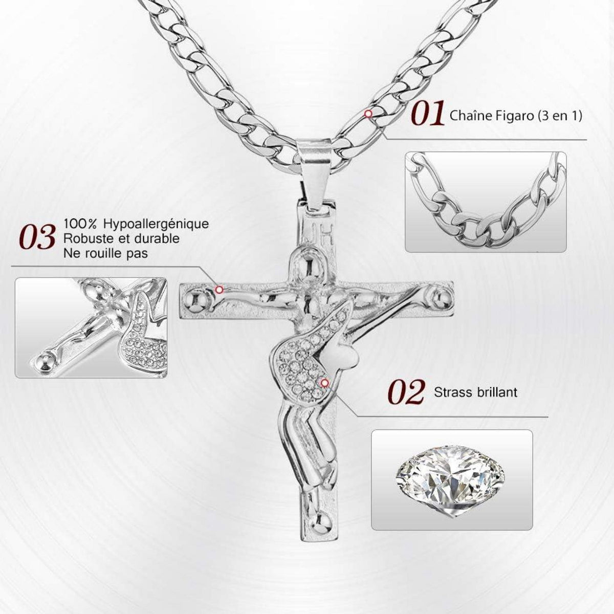 Kreuz Johnny Hallyday Anhänger Halskette Silber Metall Gitarre
