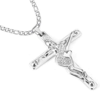 Johnny Hallyday Kreuz Anhänger Halskette Rocker Gitarre Silber