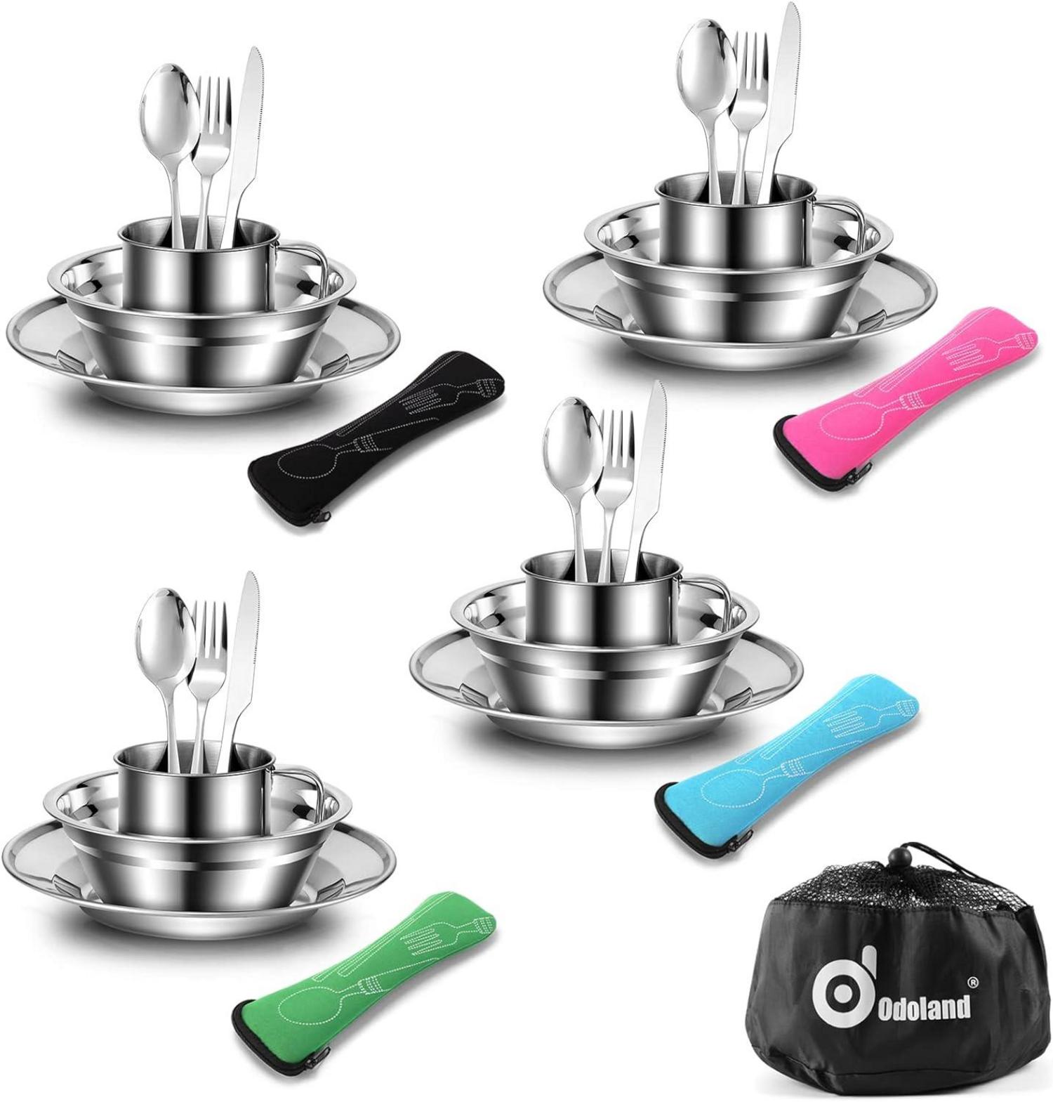 Campingbesteck Set Edelstahl Klappbesteck Teller Tasse 4 Personen