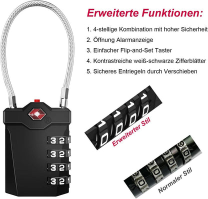 TSA Gepäckschloss 4 Stellig Schwarz Öffnungsalarm