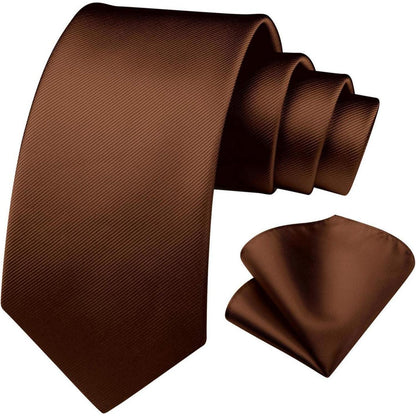Krawatten-Set Herren mit Einstecktuch, einfarbig, pflegeleicht, J-Braun