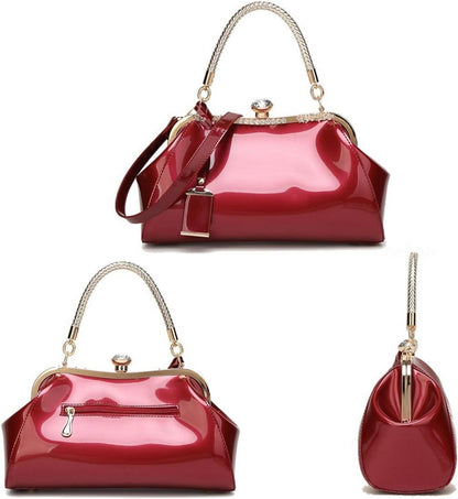 Damen Hochglanz Handtasche Burgund PU-Leder Henkeltasche
