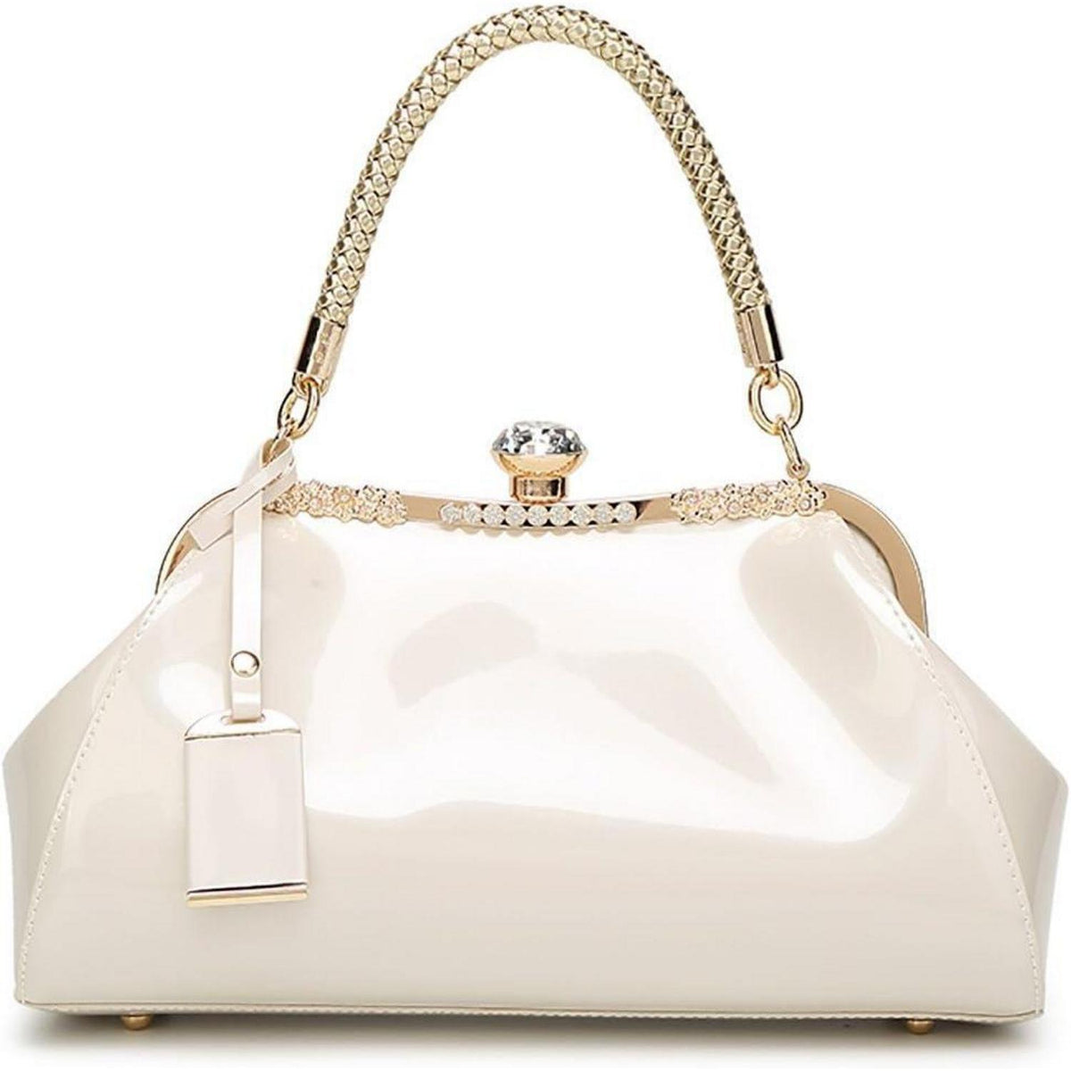Cremeweiße Henkeltasche mit Strass-Ornament in Lederoptik