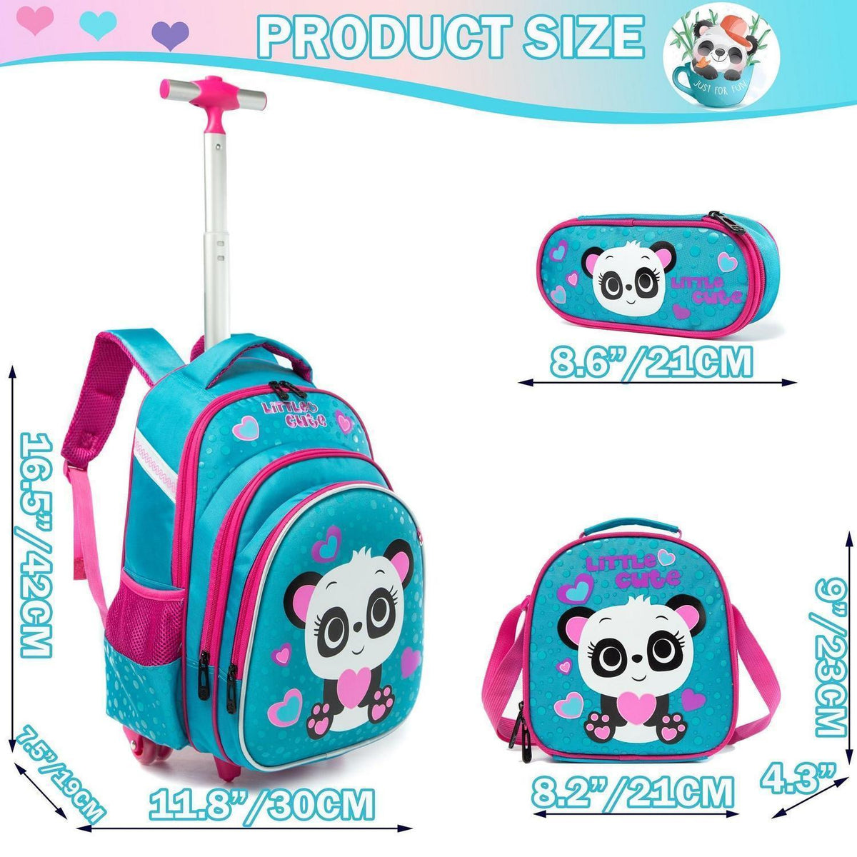 Kinder Rollrucksack mit Rädern – Blauer Panda Set