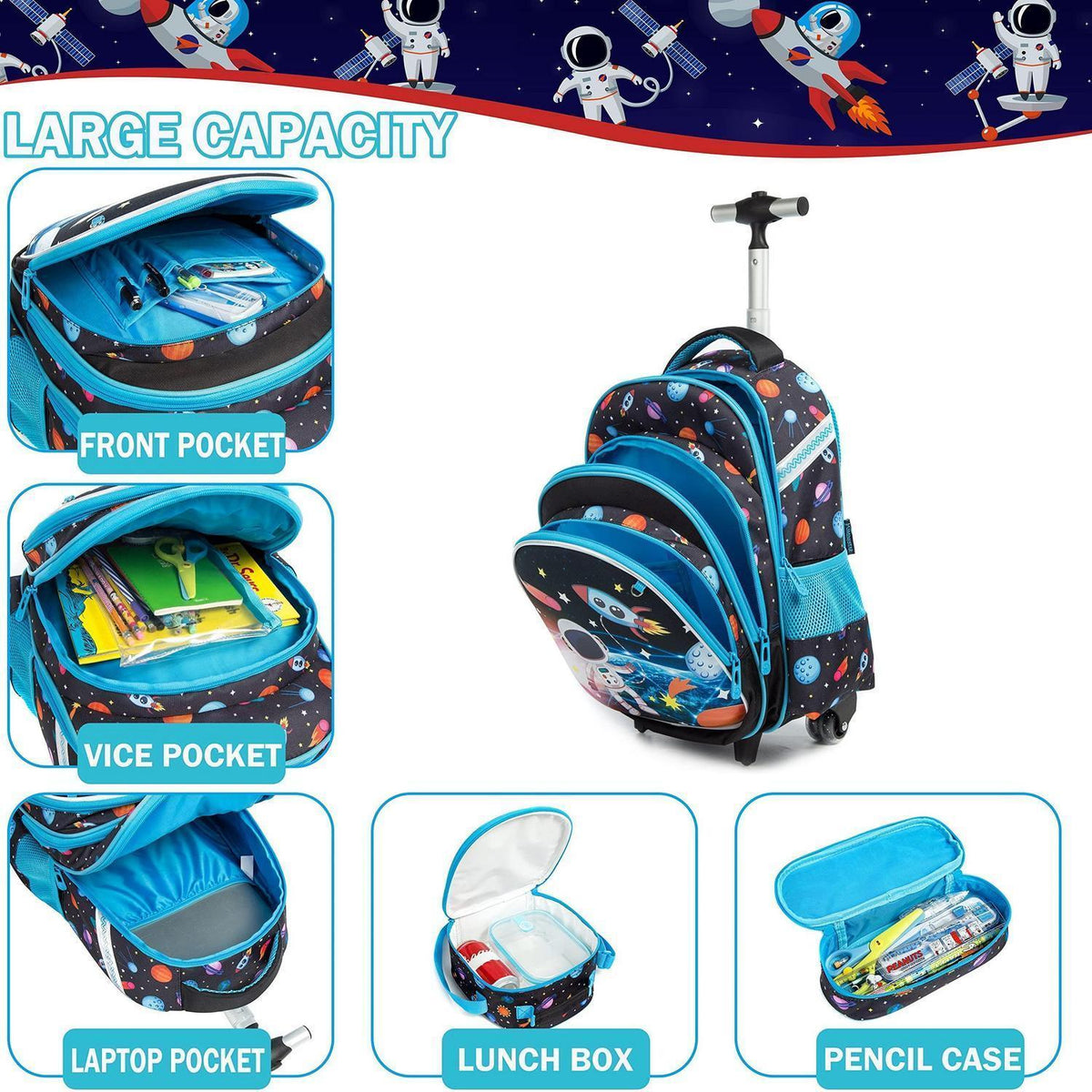 Kinder Rollrucksack mit Rädern – Blauer Panda Set