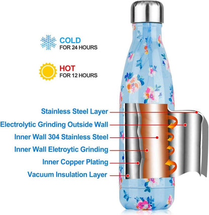 Isolier-Trinkflasche Vakuum Edelstahl 500ml Blaue Blumen