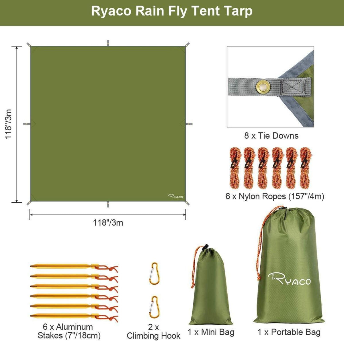 RYACO Tarp 3x3m Wasserdicht Zeltplane UV-Schutz Camping Outdoor