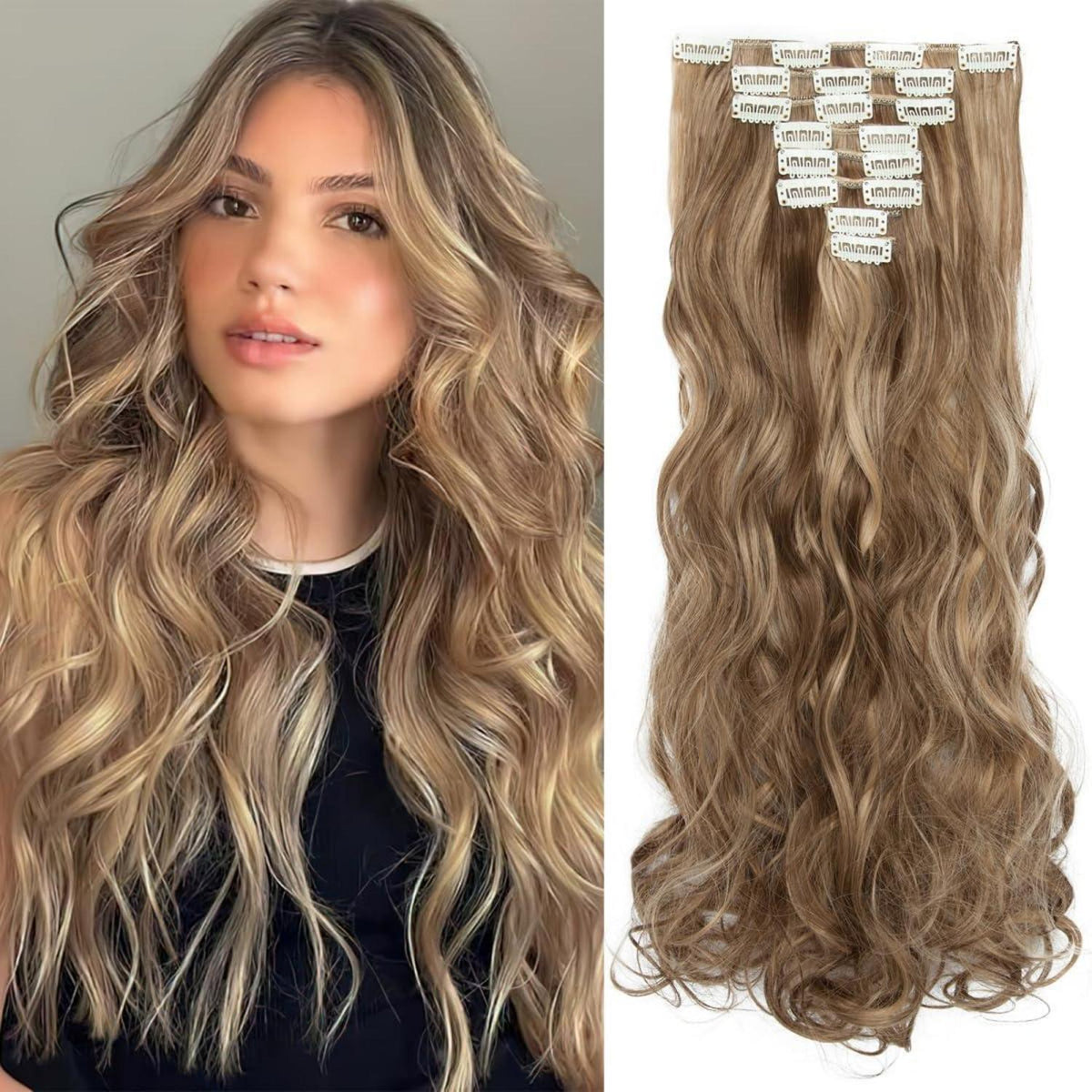 Ockerbraun/Hellgoldblond gewellte Clip-in Haarverlängerung 60cm