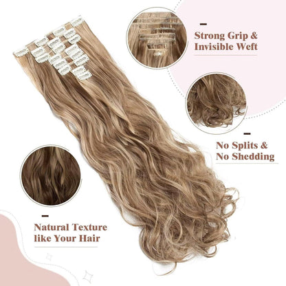 Ockerbraun/Hellgoldblond gewellte Clip-in Haarverlängerung 60cm