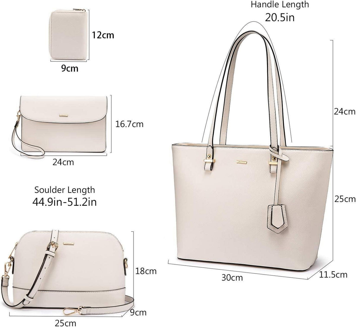 Damen Handtasche Set Blau 4-teilig Groß Büro Reise Beige