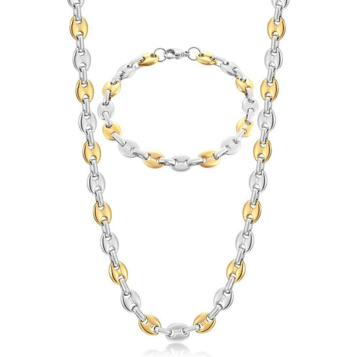 Edelstahl Kaffeebohnen Kette & Armband Set Herren 6mm 61cm Silber/Gold