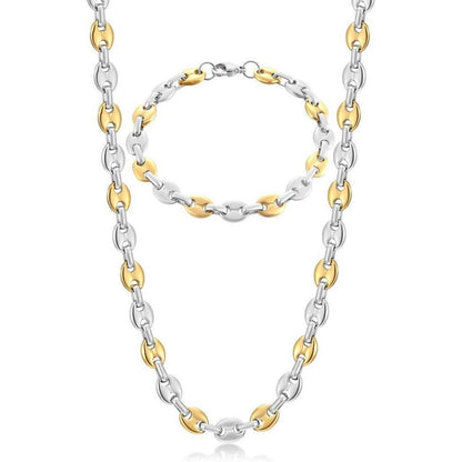 Edelstahl Kaffeebohnen Kette & Armband Set Herren 6mm 61cm Silber/Gold