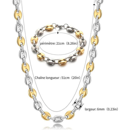 Edelstahl Kaffeebohnen Kette & Armband Set Herren 6mm 61cm Silber/Gold
