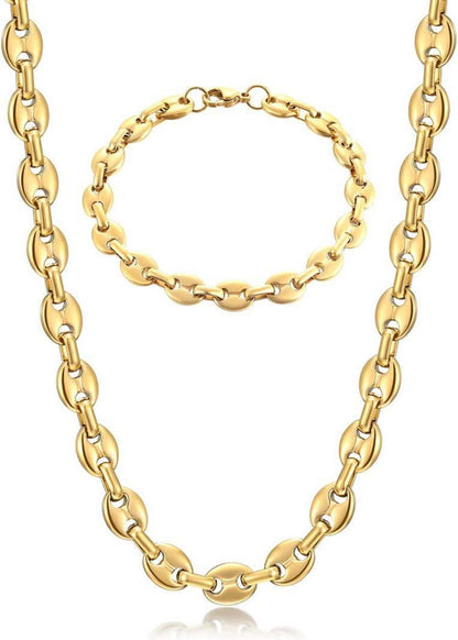 Hip Hop Halskette und Armband Set Edelstahl Kaffeebohne 9mm