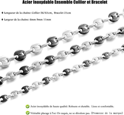 Halskette Edelstahl Kaffeebohne Armband Set Männer Silber Schwarz 11mm
