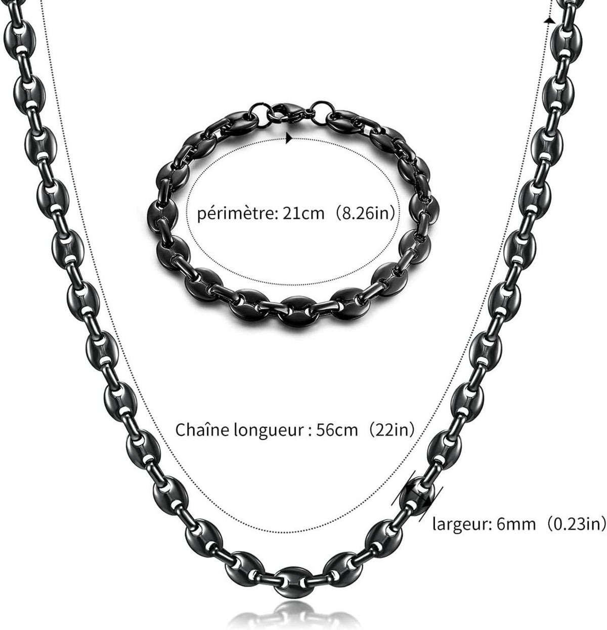 Edelstahl Halskette und Armband Set Kaffeebohne 6/9/11mm