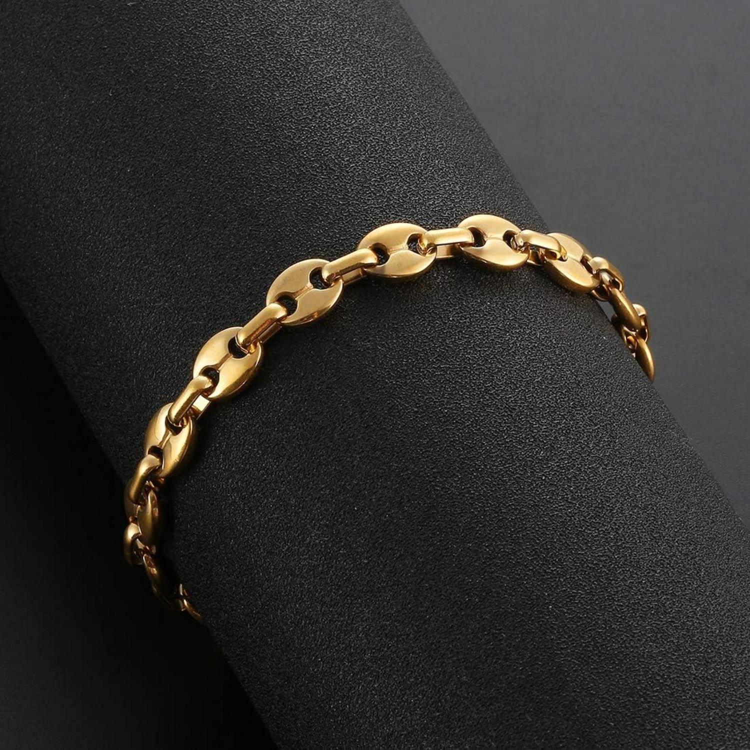 AFSTALR Herren Edelstahl 6mm Kaffeebohne Kette Armband Set Gold 61CM