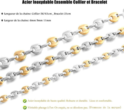 AFSTALR Halskette Herren Edelstahl Kaffeebohne Armband Set Silber Gold Schwarz