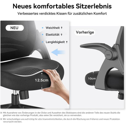 Ergonomischer Bürostuhl mit hochklappbaren Armlehnen, Schwarz