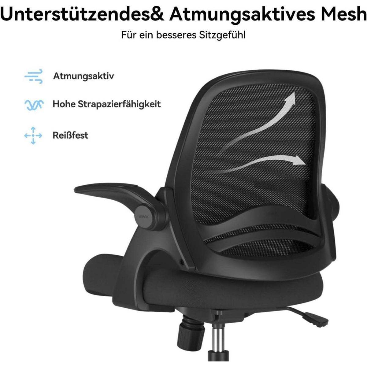 Ergonomischer Bürostuhl mit hochklappbaren Armlehnen, Schwarz