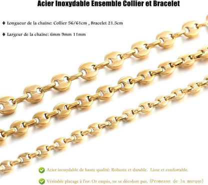 AFSTALR Herren Edelstahl Kaffeebohne Halskette Armband Set Silber Gold Schwarz