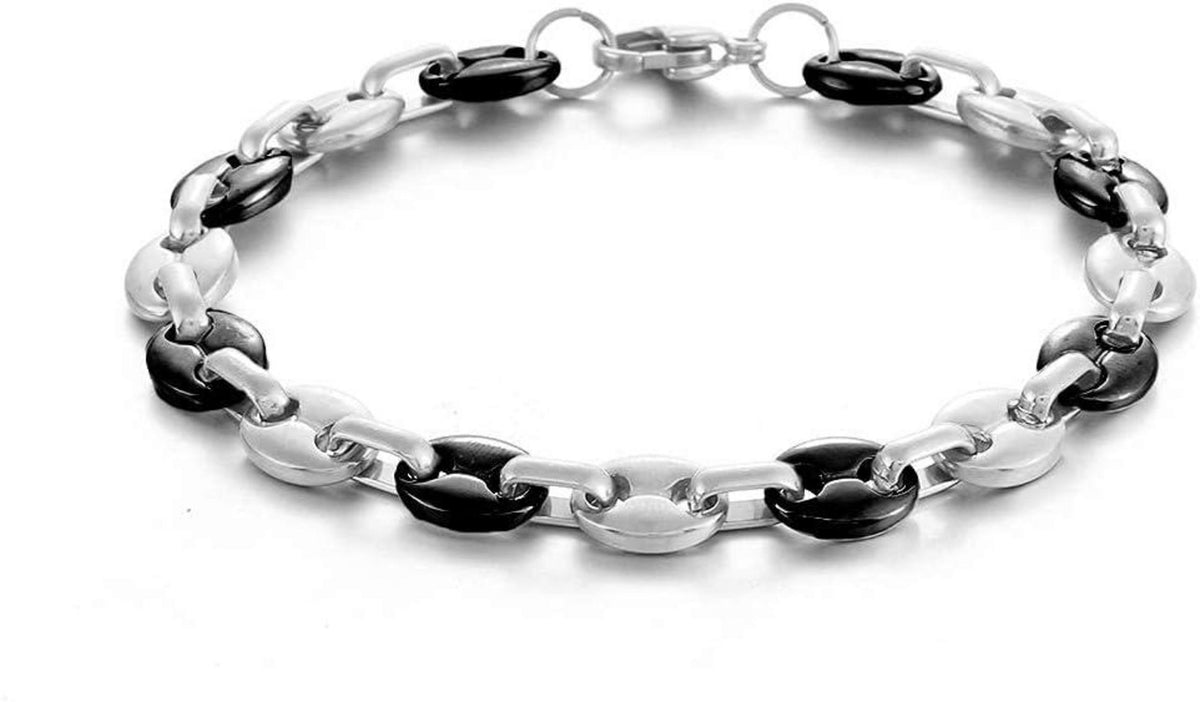 AFSTALR Kaffeebohne Halskette Armband Set Herren Edelstahl Silber Schwarz 6mm 56cm