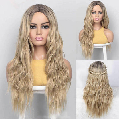 Blonde Lockenperücke Damen Lang Wavy Ombre Perücke mit Haarnetz