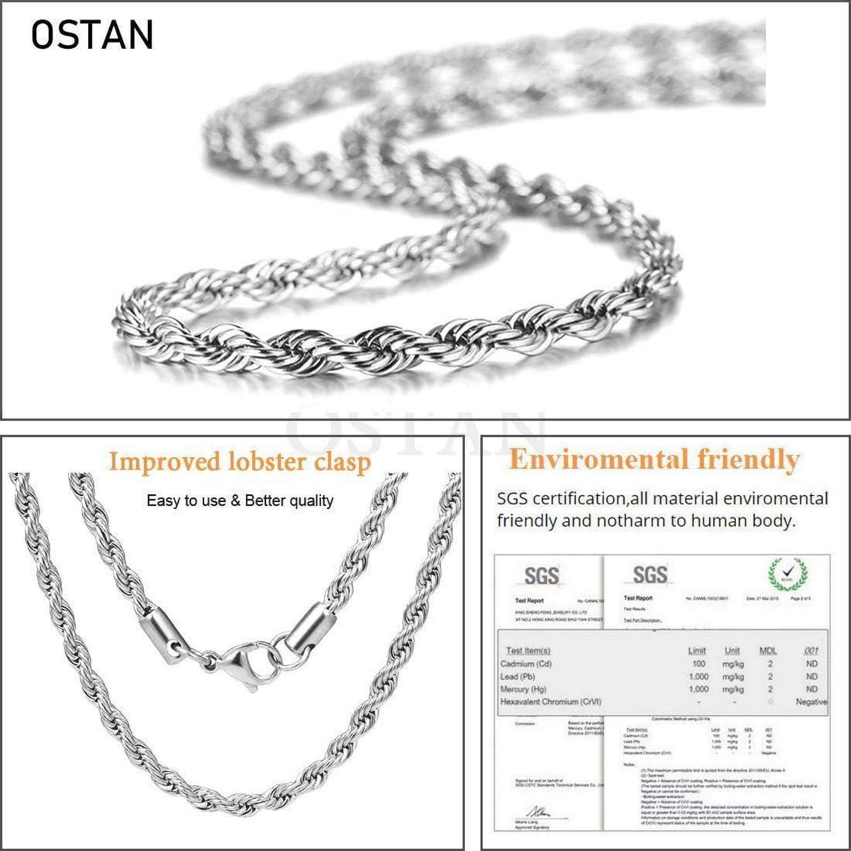 Halskette Edelstahl Verdrehte Kette 4mm Silber 45cm