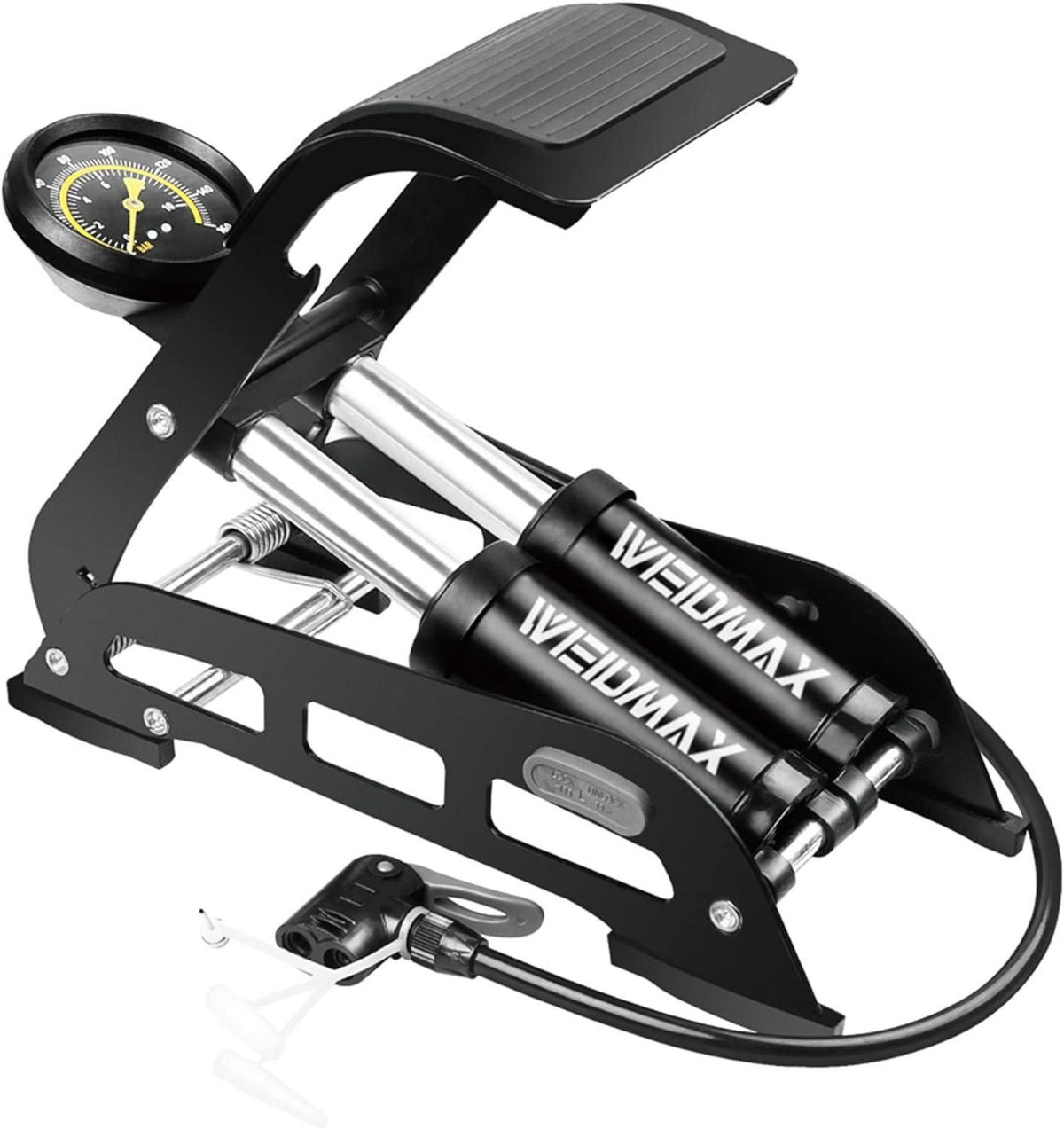 Doppelzylinder-Fußpumpe für Fahrrad und mehr mit Manometer - Schwarz