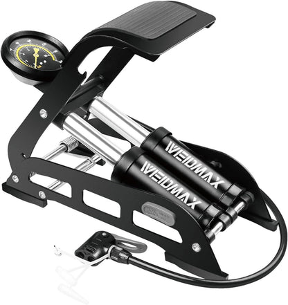 Doppelzylinder-Fußpumpe für Fahrrad und mehr mit Manometer - Schwarz