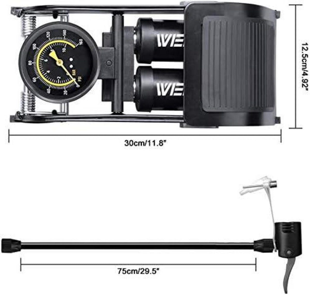 Doppelzylinder-Fahrradpumpe mit Manometer und Ventilkopf