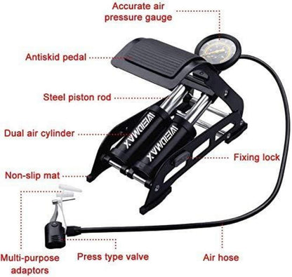 Doppelzylinder-Fußpumpe Fahrrad Standpumpe mit Manometer Schwarz