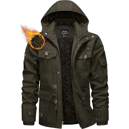 Herren Winterparka Fleecegefüttert mit Taschen & Kapuze Dunkeloliv