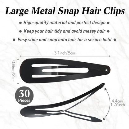 30 Stücke 3,1 Zoll Große Metall Snap Haarspangen Schwarz