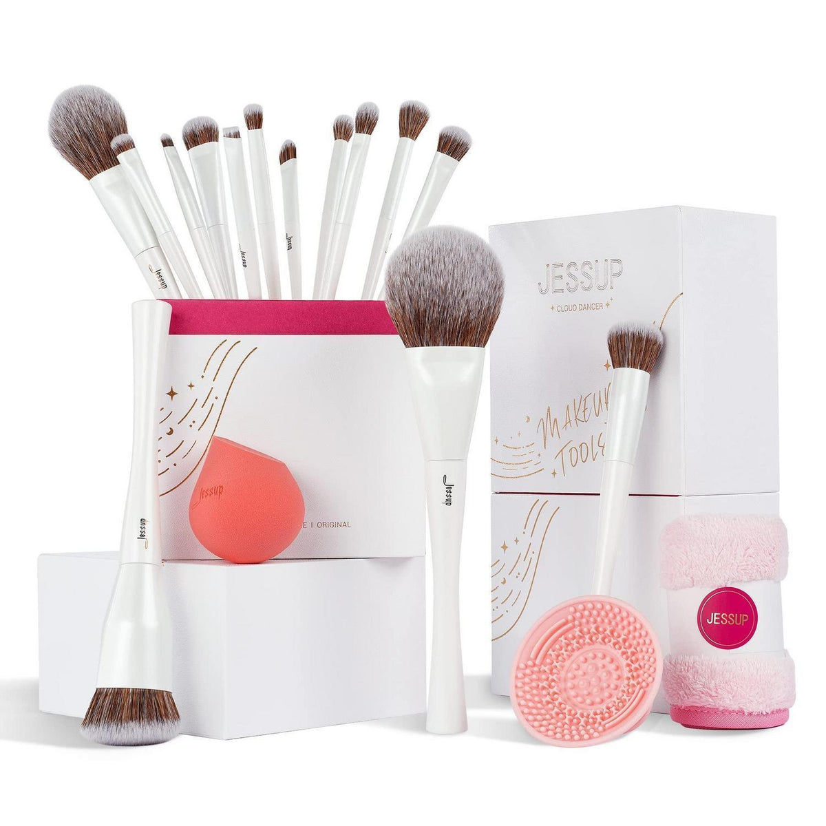 14-teiliges Makeup Pinselset mit Reiniger & Schwamm