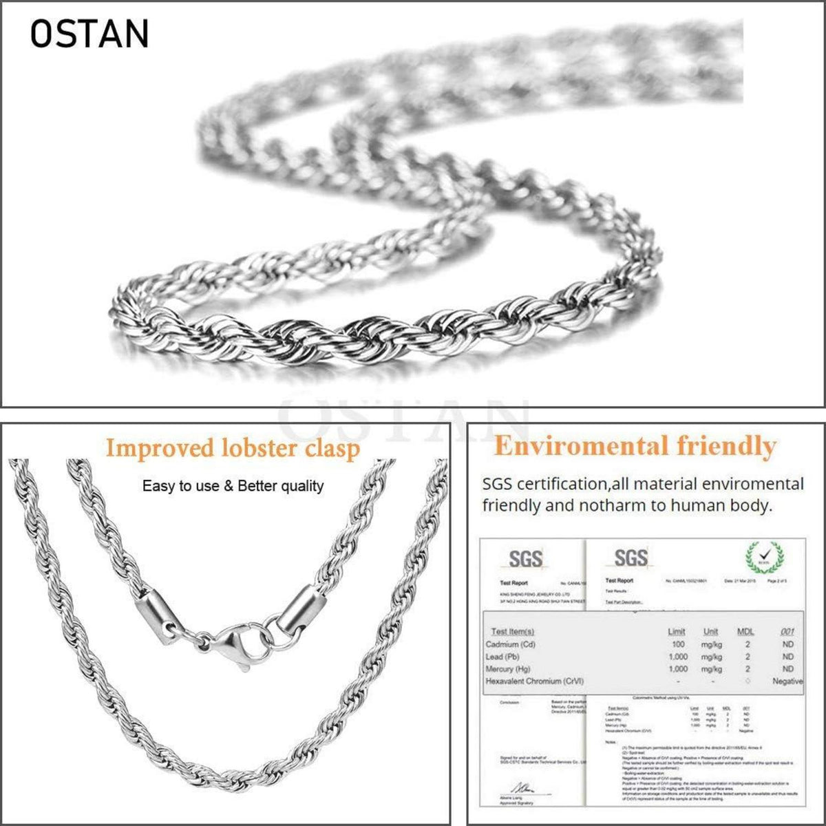 OSTAN Edelstahl Halskette Silber 2-5mm Breite 45-80cm